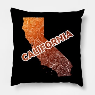 Colorful mandala art map of California with text in brown and orange Pillow