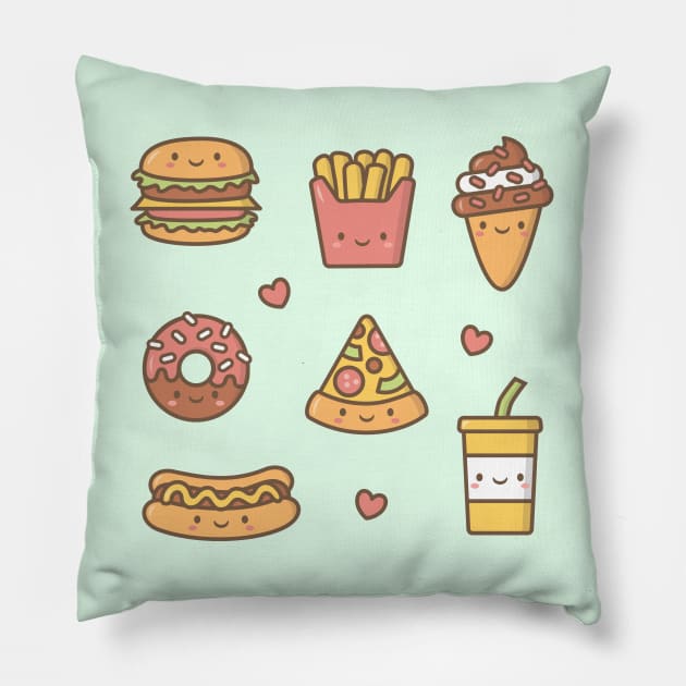 Cute Fast Food Burger Fries Donut Pizza Ice Cream Doodles Pillow by rustydoodle