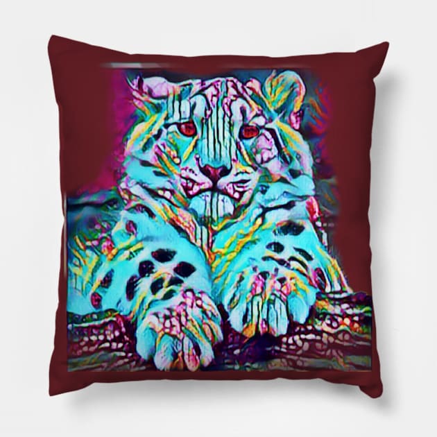 Snow Leopard Cub (turquoise art) Pillow by PersianFMts