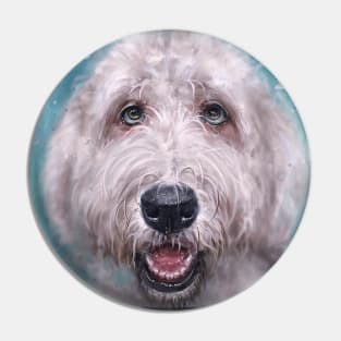 Painting of an Old English Sheep Dog on Blue Background Pin