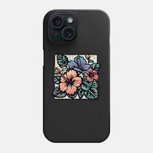 Bright Tropical Hibiscus Flower Woodcut Design Phone Case