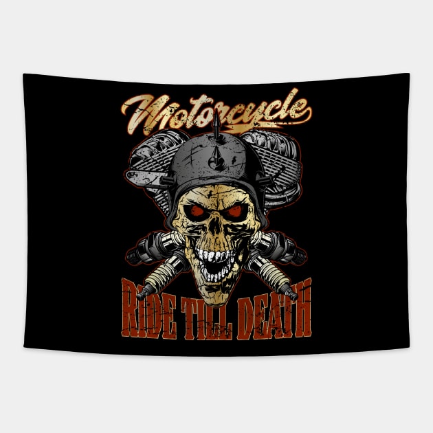 Motorcycle Ride till Death Biker Skull Tapestry by RockabillyM