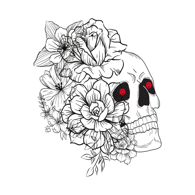 skeleton face drawn in black lines with various flowers and roses on one side by JENNEFTRUST