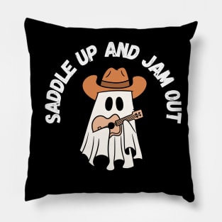 Saddle up and jam out, cute cowboy ghost playing the guitar. Halloween Pillow