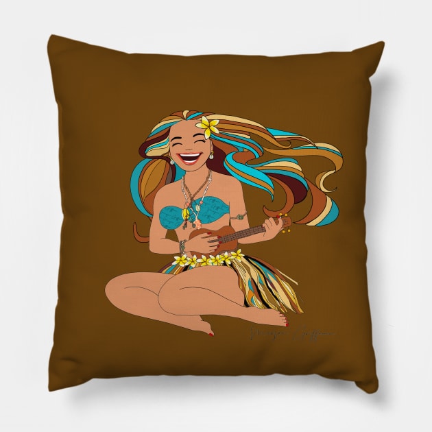 Happy Hawaiian Hula Girl with her guitar. Pillow by Griffioen