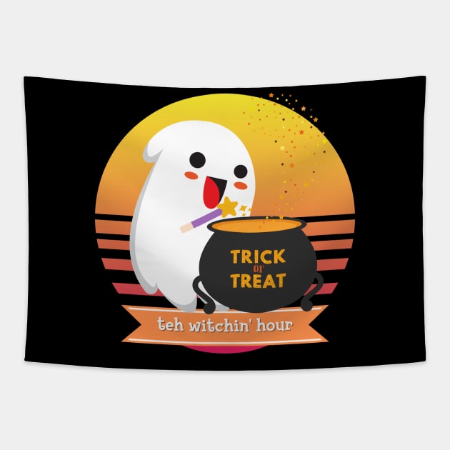 Halloween Cute Ghost Witching Hour Trick or Treat Cauldron Magic Wand Tapestry by nathalieaynie