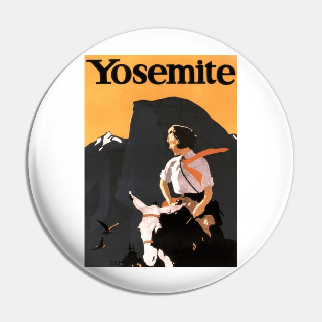 Yosemite - Young Woman Riding a Donkey- Vintage Travel Poster Design Pin by Naves