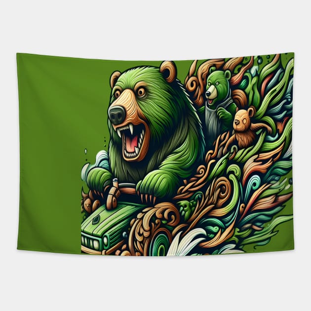 Animated Bears Riding a Green Car in a Vibrant Fantasy Illustration Tapestry by coollooks