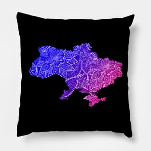 Colorful mandala art map of Ukraine with text in blue and violet Pillow