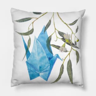 Blue origami paper crane & eucalyptus branch Pillow