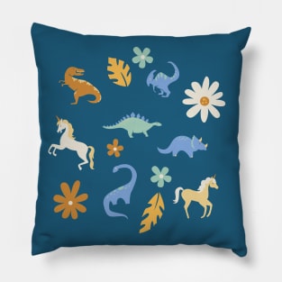 Dinosaurs + Unicorns in Blue + Umber Pillow