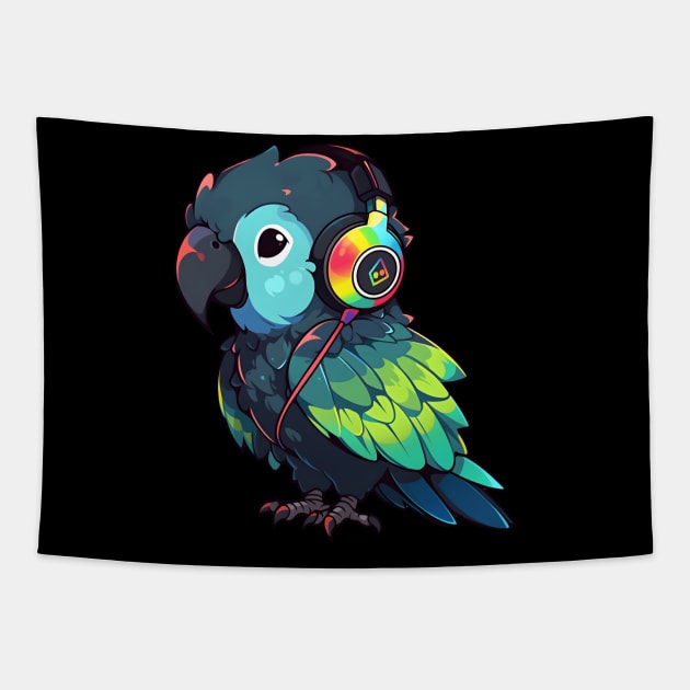 Green Parrot Headphones Tapestry by pako-valor
