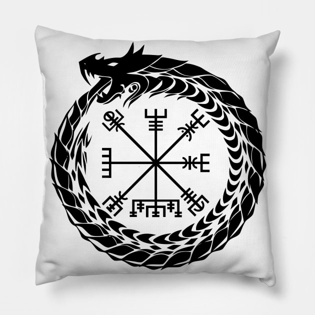 Ouroboros and Vegvisir (black symbol) Pillow by Vikingnerds