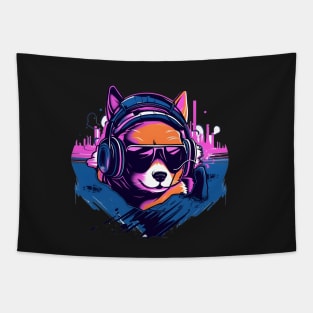 Shiba Inu wears headphones - synth wave style Tapestry