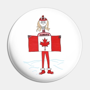 Skeleton Canadian Blonde Woman Holding Canada Flag in Snow Pin