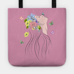 Woman with Spring Flowers and Butterflies Tote