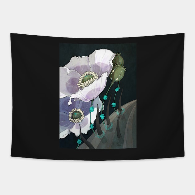 White Opium Poppies Tapestry by kirimoth