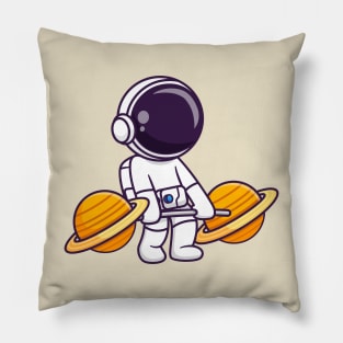 Cute Astronaut Lifting Planet Barbell Cartoon Pillow