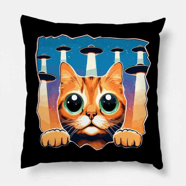 Big Eyes Funny Cat Selfie With UFOs Behind Pillow by KromADesign