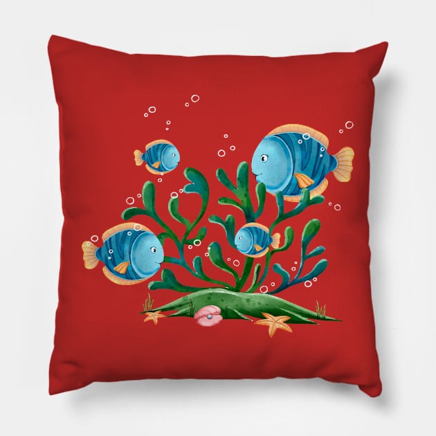 Watercolor Blue Fish Ocean Pillow by Mako Design 