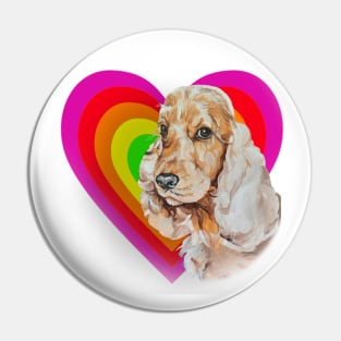 Big brown eyed cocker spaniel in a rainbow glowing heart Pin