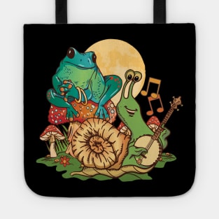 Banjo playing Snail with Frog sitting on Mushroom Tote