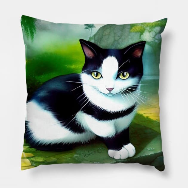 Tuxedo Cat in a Landscape Copyright TeAnne Pillow by TeAnne