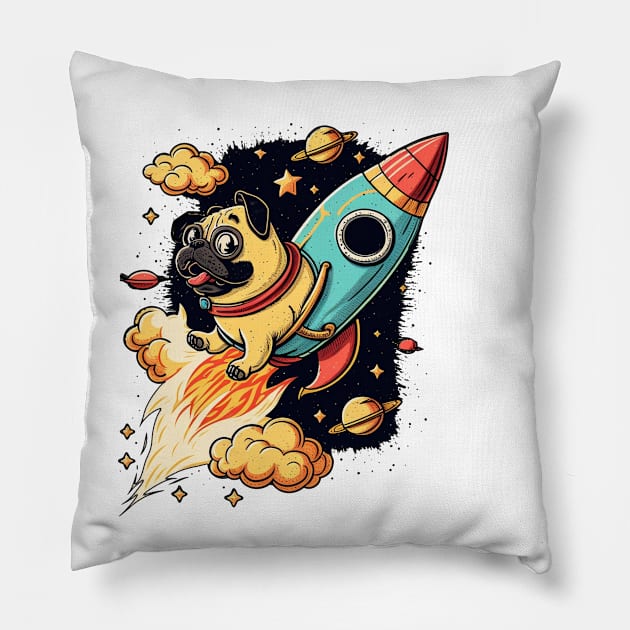 pug flying into space with a rocket Pillow by bmron