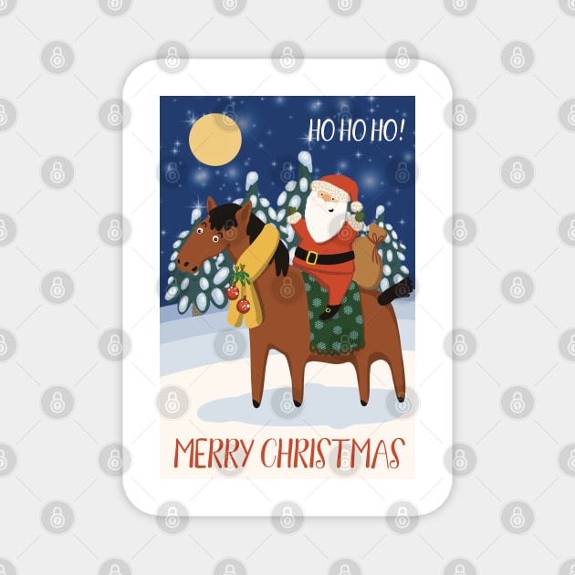 Ho ho ho! Merry Christmas! Happy Santa bringing presents riding on a horse in the snow. Greeting card. Magnet by marina63