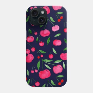 Watercolor cherries pattern - red, green on dark blue Phone Case