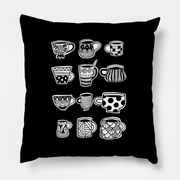 Doodle tea cups Pillow by kostolom3000