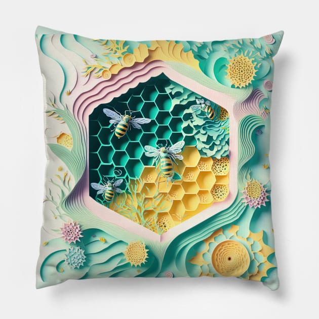 bee nest papercut design Pillow by Maverick Media