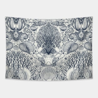 Beach treasures, seashells, crab, corals and seaweeds in navy on natureal whie Tapestry