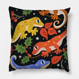 Colourful Christmas Geckos with Holly on Black Pillow