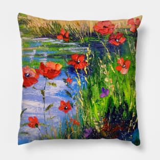 Poppies by the pond Pillow