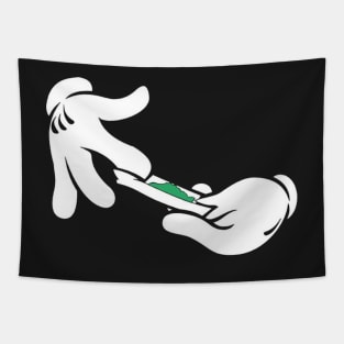 Hand of a well-known mouse rolling a green cigarette Tapestry