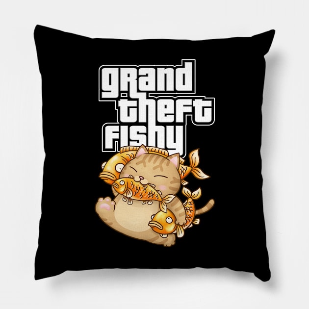 Grand Theft Fishy Cat Stealing Fish Pillow by Takeda_Art