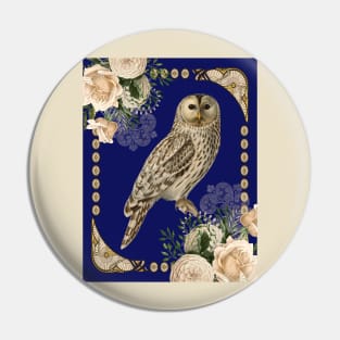 Barn Owl with Ivory Roses in Art Nouveau Influence Navy Blue Pin