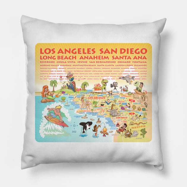 Sunny Southern California with List of Cities Pillow by Lines