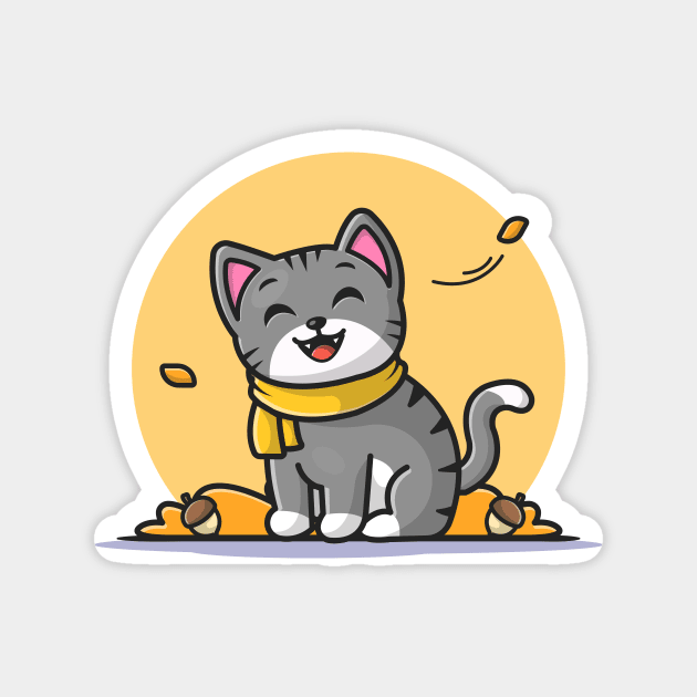 Cute Cat In Autumn Cartoon Vector Icon Illustration Magnet by Catalyst Labs