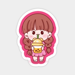 Cute kid girl holding bubble milk tea Magnet