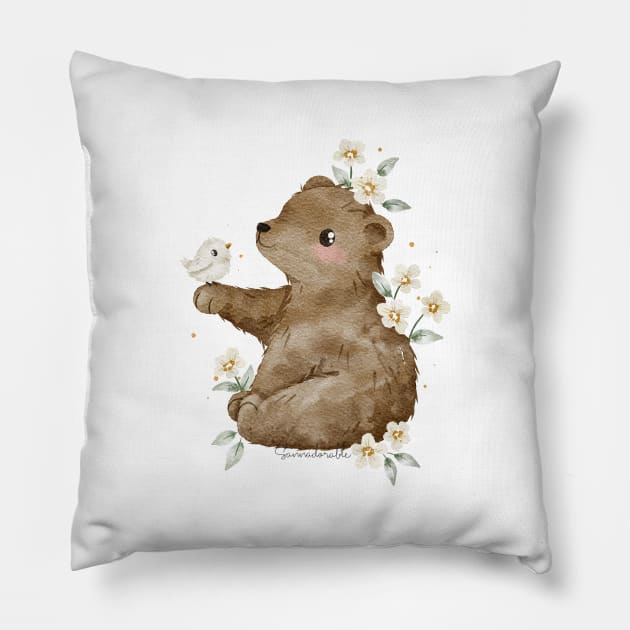 Bear bird friends Pillow by sannadorable