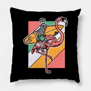 Surfing Skeleton Riding a Giant Pink Flamingo Pillow