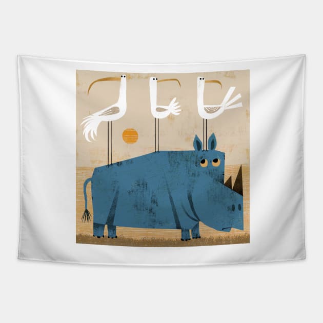 Rhino with three birds Tapestry by Gareth Lucas