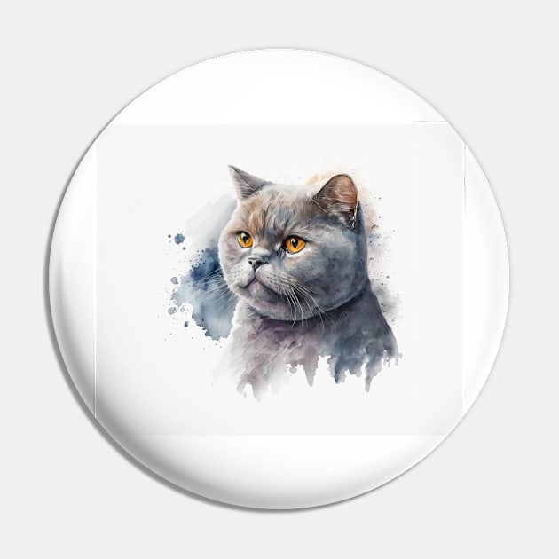 British Shorthair Cat Watercolour Painting Pin by TheArtfulAI