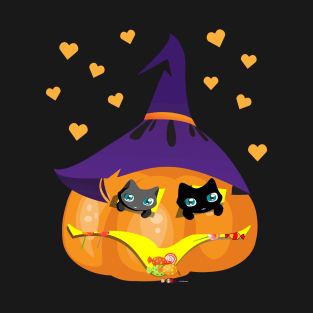 Halloween Black and Gray Cat in a Pumpkin House with Sweets T-Shirt