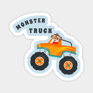 Cartoon vector of monster truck with little animal driver. Magnet