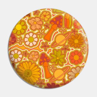 Warm 70s Flower Pattern - mushrooms, planets, flowers Pin