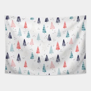 Watercolor Christmas Trees Blue Red Tapestry