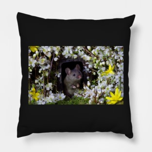 George the mouse in a log pile house - SPRING flowers Pillow